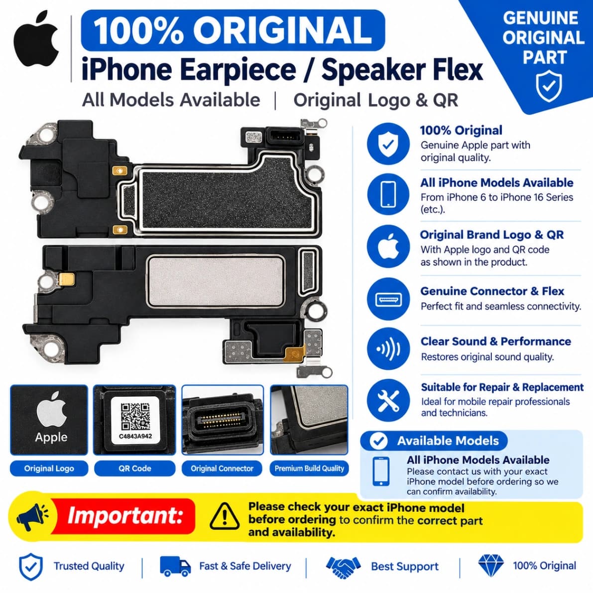 100% Original  iPhone Earpiece / Speaker Flex – All Models Available | Original Logo & QR